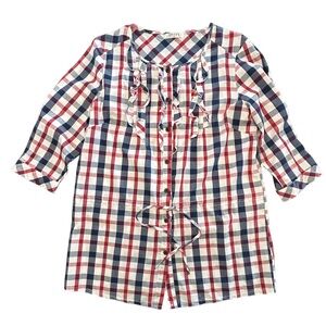 Country chic cottagecore red white blue plaid tunic with tie & ruffle detail L